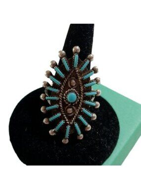 Sterling Silver Zuni Philander Gia Turquoise Petit Point Ring , Size 8.25
